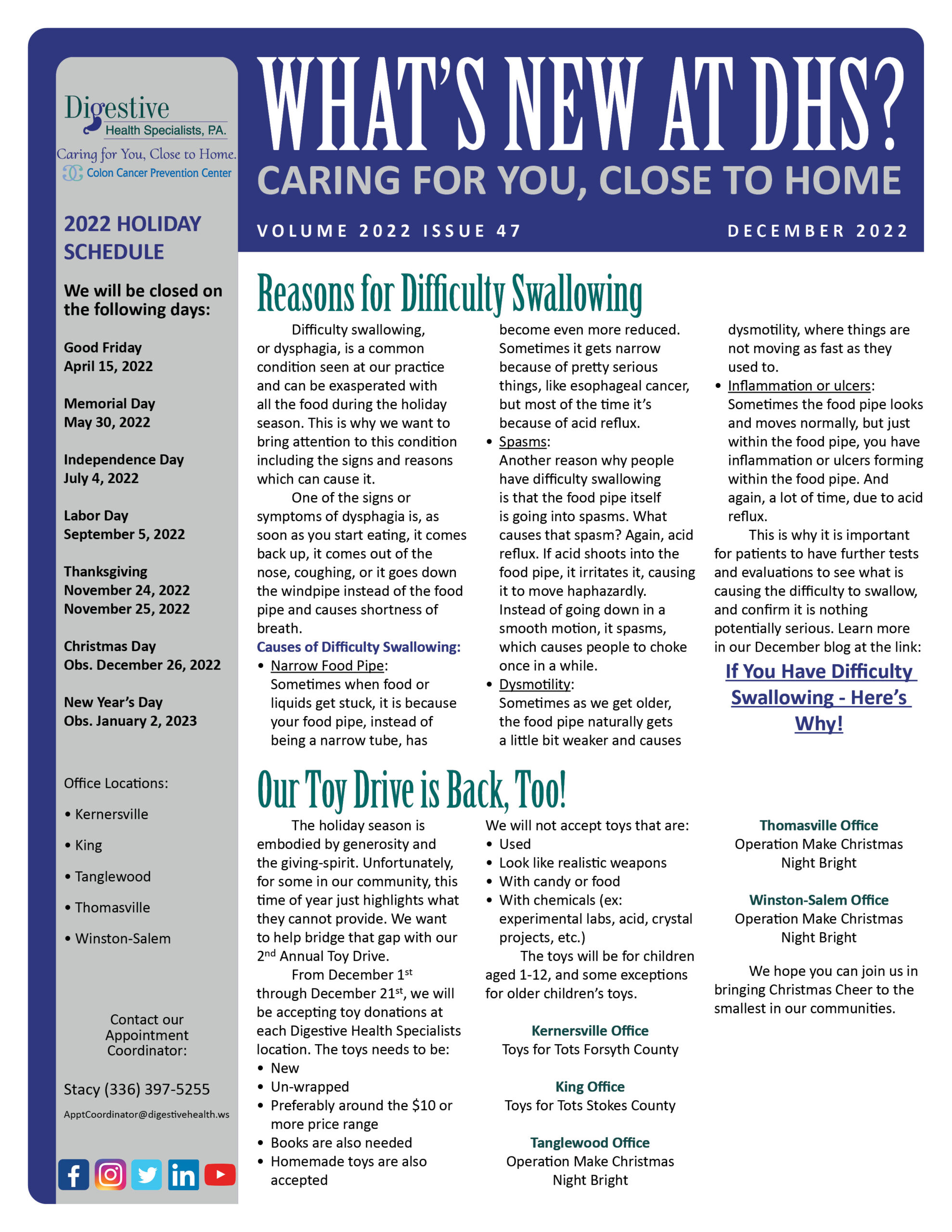 Referral Coordinator newsletter for December 2022 about our toy drive